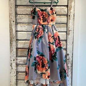 Betsy & Adam bridesmaid dress, high low, silver/mauve colour.